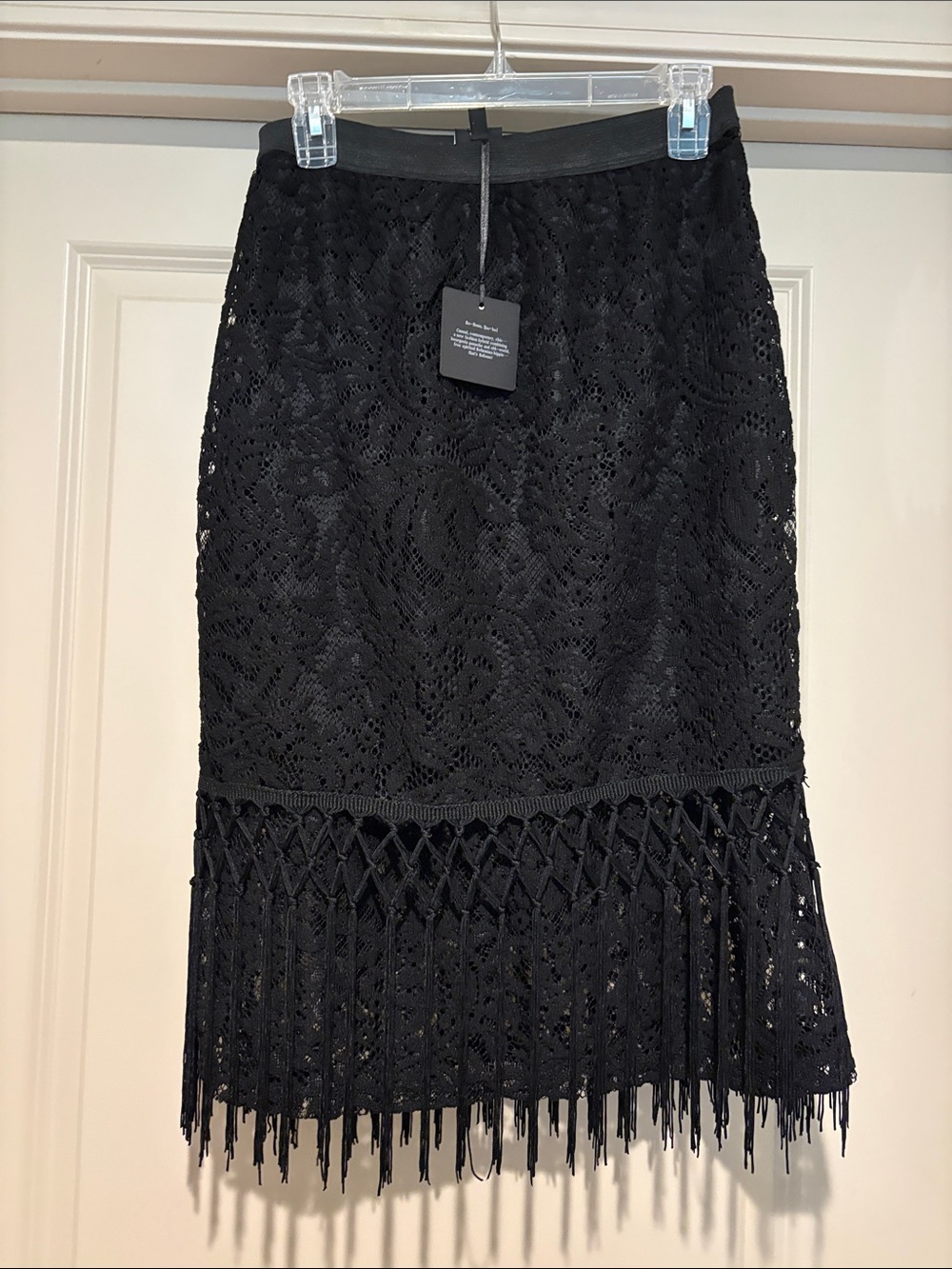 bobeau Black Lace Pencil Skirt with Fringe Hem